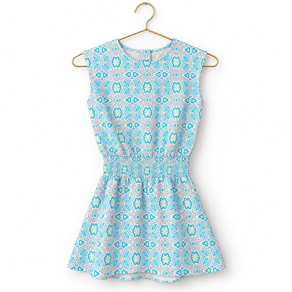 Pleat. Girls Blue Pink Kaleidoscope Print Sleeveless Smocked Waist Dress Sz 8